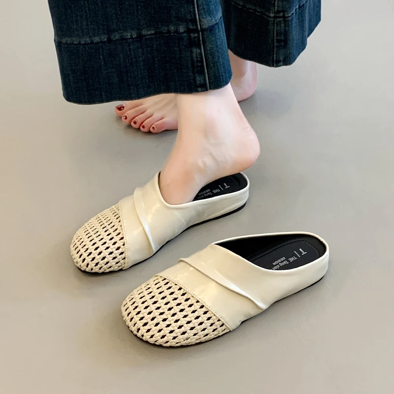 女款夏季编织内增高拖鞋镂空包头半拖鞋女外穿2025新款勃肯凉拖鞋