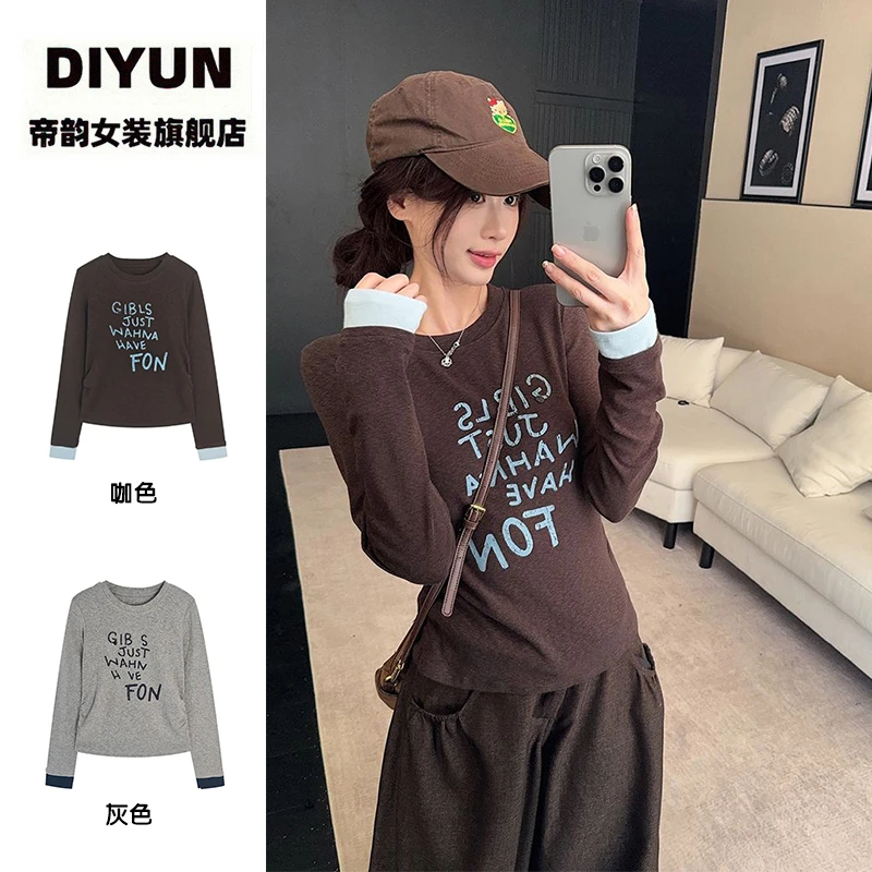 【帝韵】甜美字母印花撞色长袖T恤女秋冬穿搭新款修身内搭打底上衣