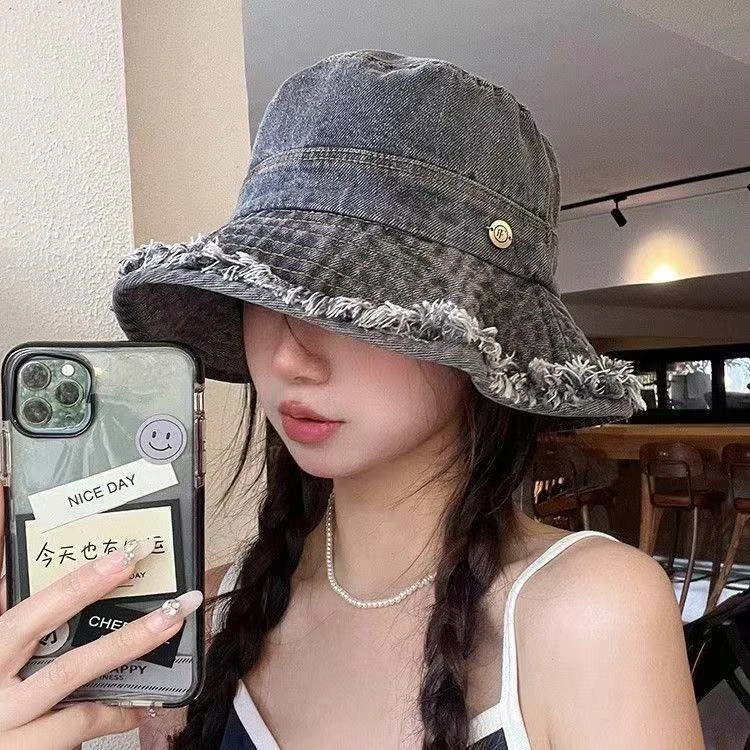 做旧水洗牛仔渔夫帽女春夏秋冬季大头围大帽檐显脸小遮阳防晒盆帽