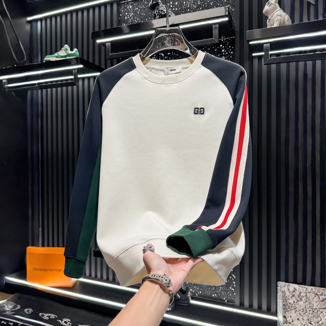 拿比玻特欧货男士高端刺绣拼色圆领卫衣潮牌轻奢秋装条纹长袖上衣