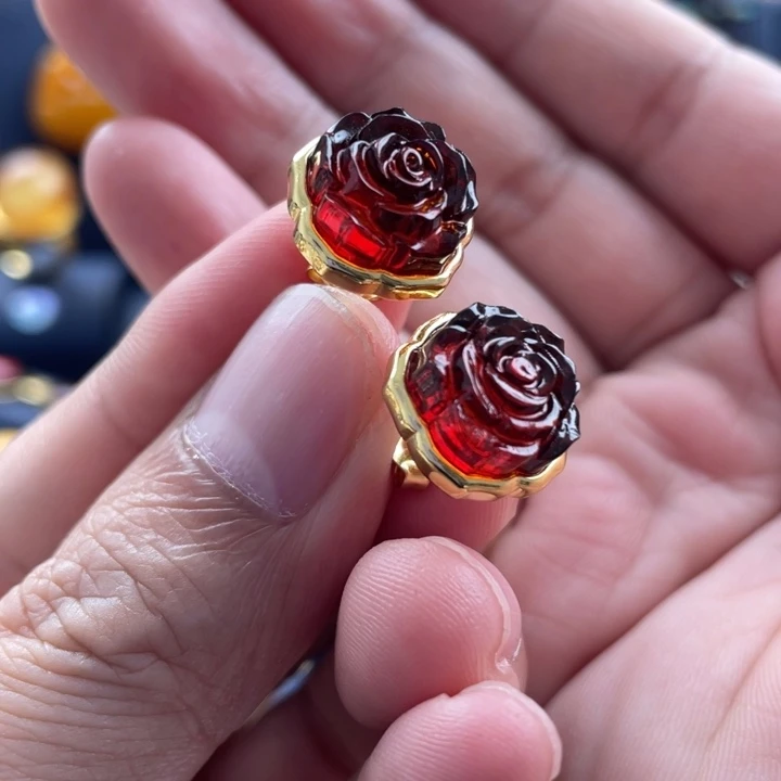 血珀耳饰银S925镀金镶嵌踏**雁