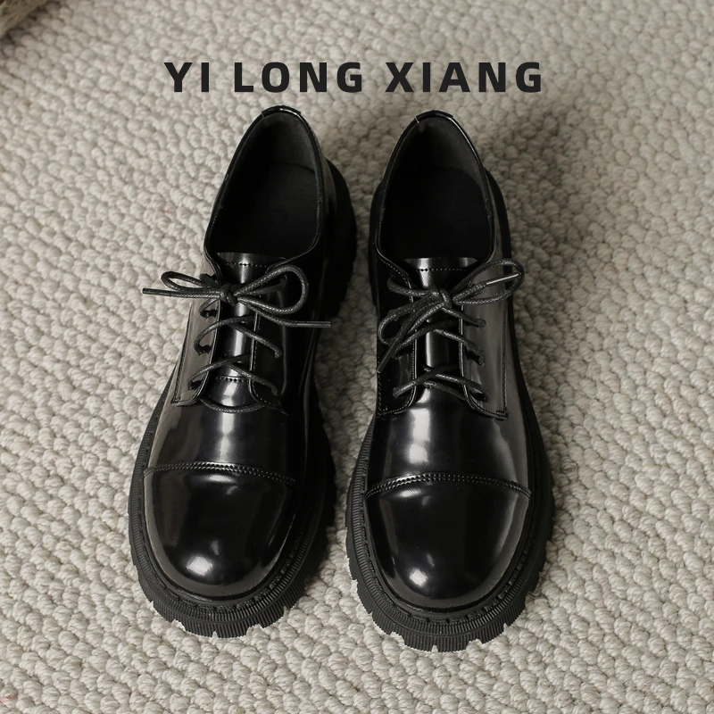 英伦风粗跟小皮鞋女2025新款夏季黑色软底系带厚底职业面试工作鞋
