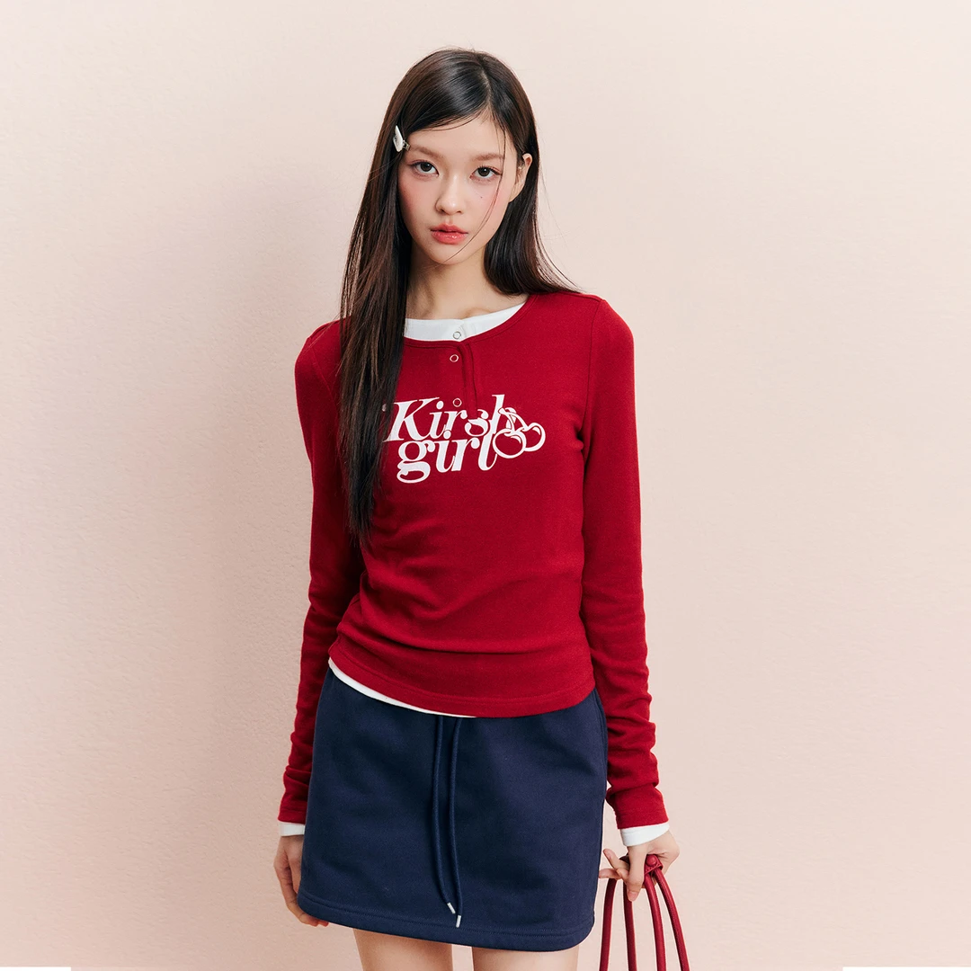 樱桃KIRSH 韩系印花打底长袖T恤2025秋冬新款少女修身亨利领上衣