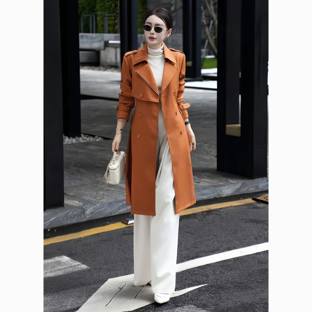 ZEROYK轻职风时尚女装高端名媛小香气质橘色西装领中长款风衣外套