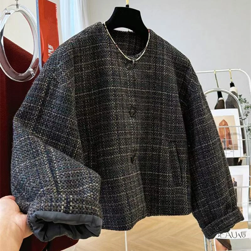 厚款短款雅痞风秋冬保暖毛呢外套袖型千鸟格韩版宽松