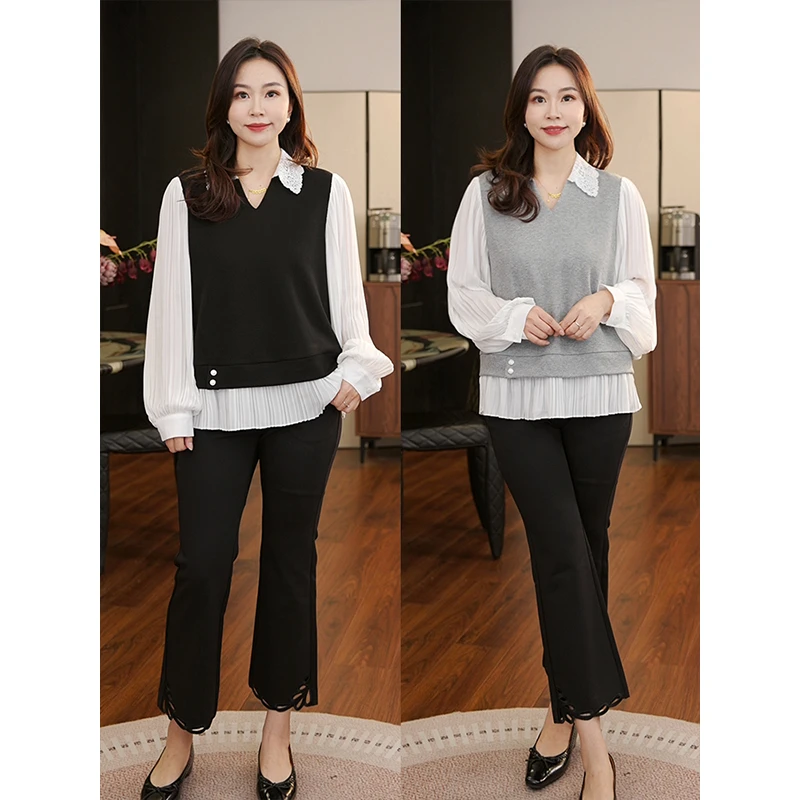 【猫猫】经典时光 蕾丝拼接假两件衬衫女秋时尚气质显瘦上衣MC5958
