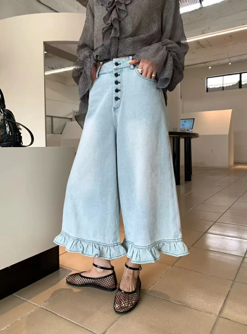 〖叮咚一布〗春夏新款单排多扣拼接花边韩系甜美七分牛仔裤