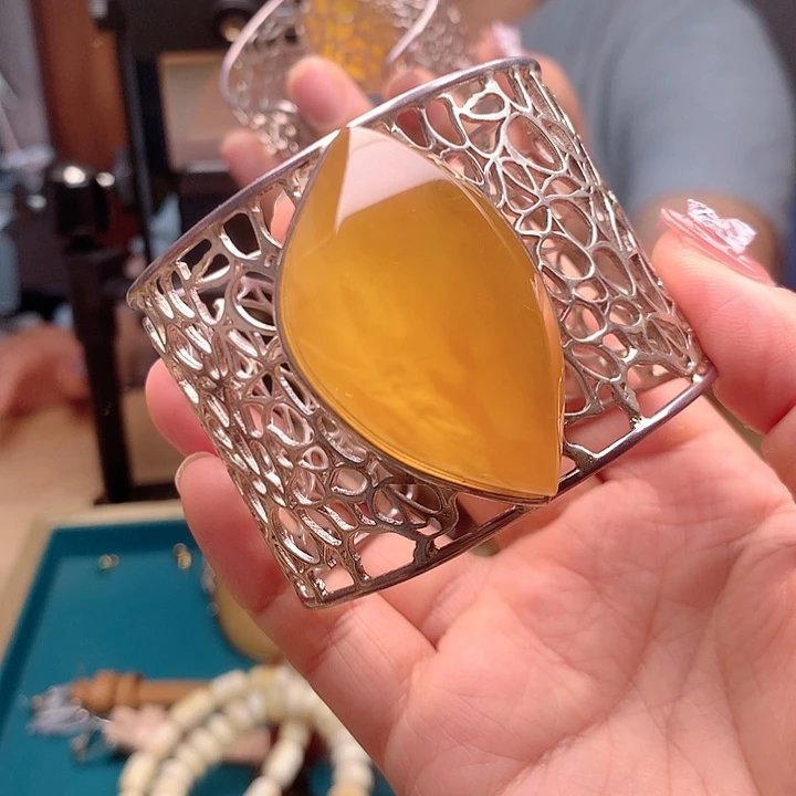 银S925镶嵌琥珀手链波兰设计款琥珀蜜蜡手镯