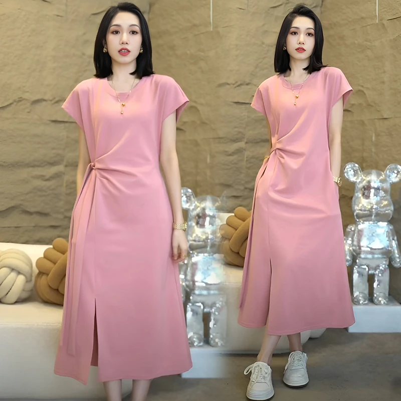 赫本极简风绑带前开叉短袖连衣裙夏季新款休闲时尚显瘦直筒长裙女