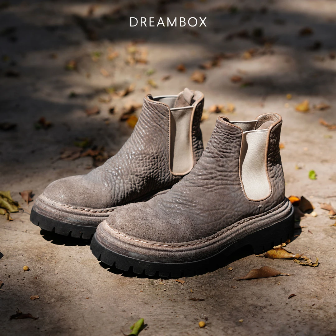 【粗跟厚底5cm】dreambox钧博缩纹马臀皮切尔西靴手工固特异短靴潮