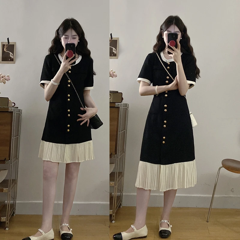 大码女装夏新款小香风气质收腰显瘦连衣裙撞色法式小黑裙长短款