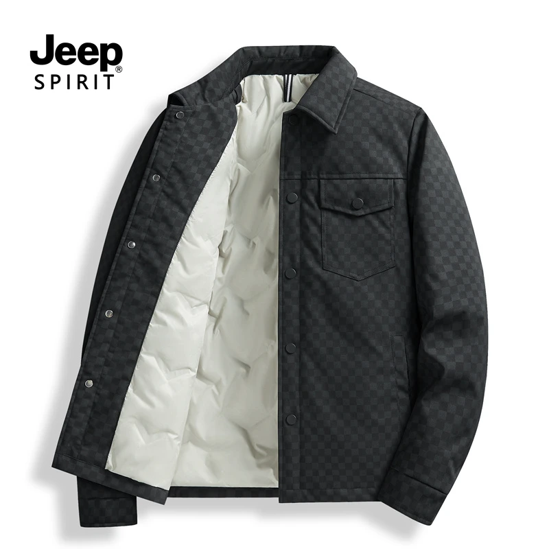 Jeep吉普冬季新款轻薄羽绒服男款棋盘格翻领夹克爆款商务保暖外套