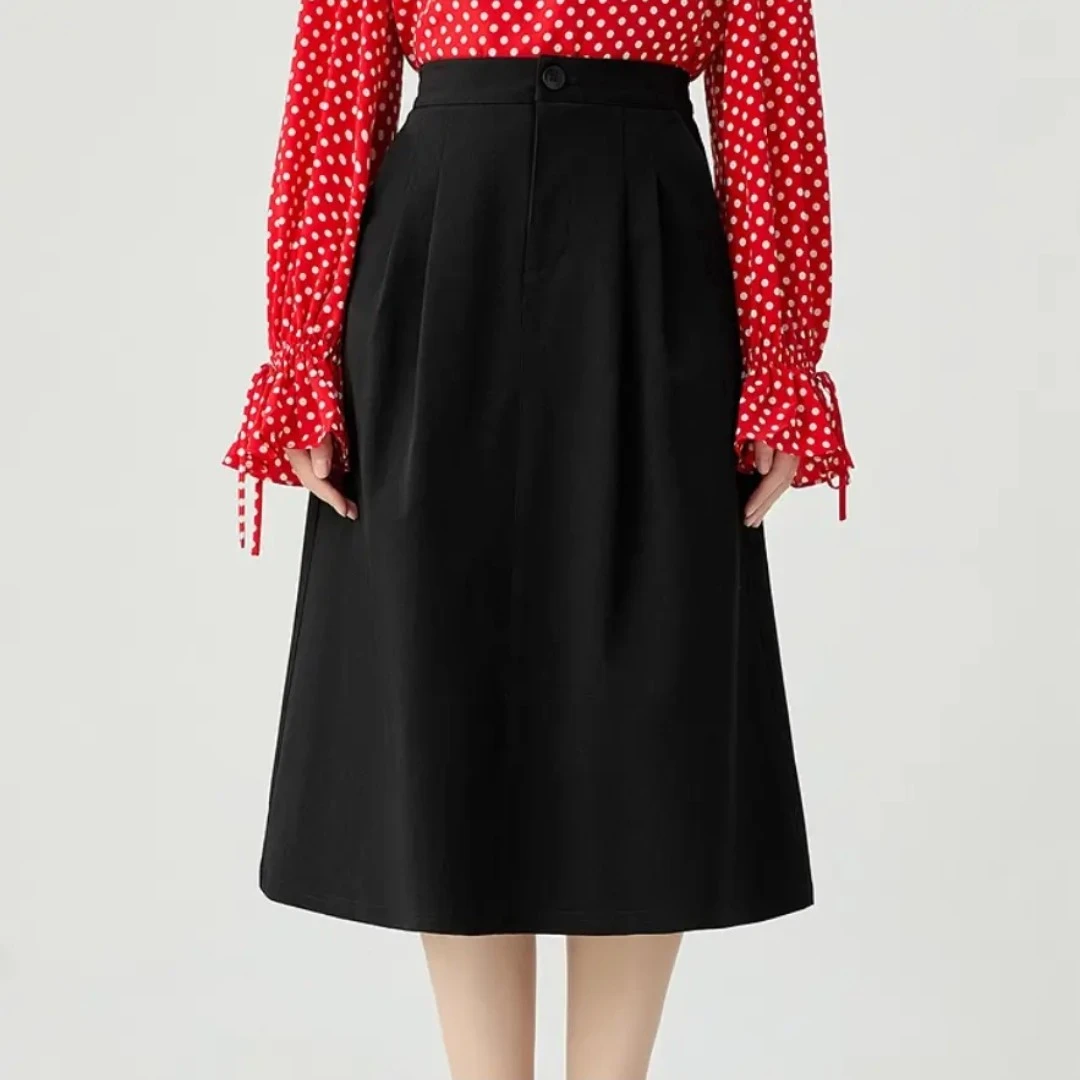 哥弟春季新款招牌四面弹两侧活褶A版高腰百搭中长半身裙女120005