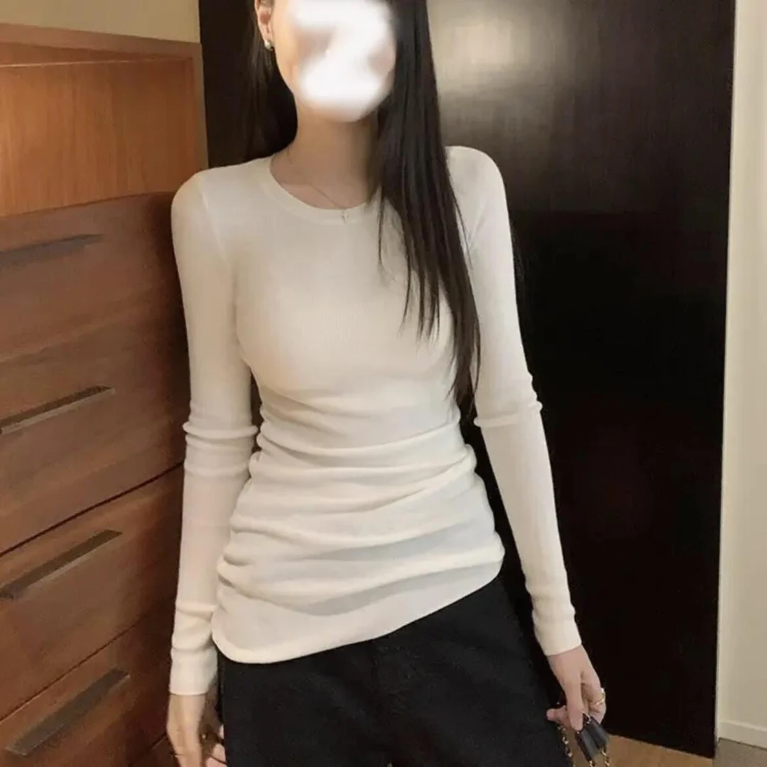 2025新款正肩长袖打底T恤女秋冬圆领内搭辣妹修身收腰长款上衣