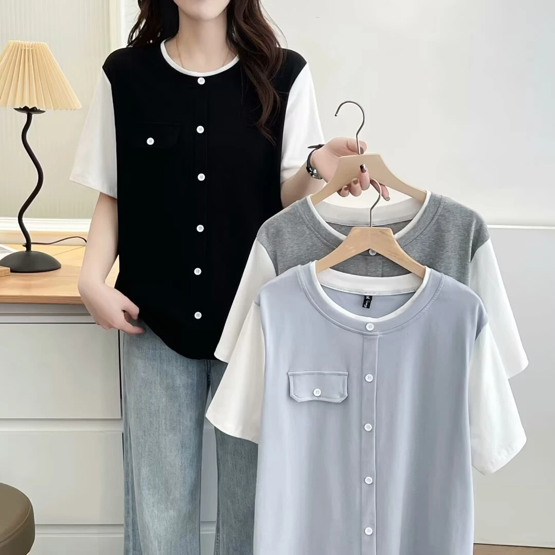 梦冬佳--120-200斤大码女装撞色假两件显瘦百搭遮肚子短袖半袖T恤