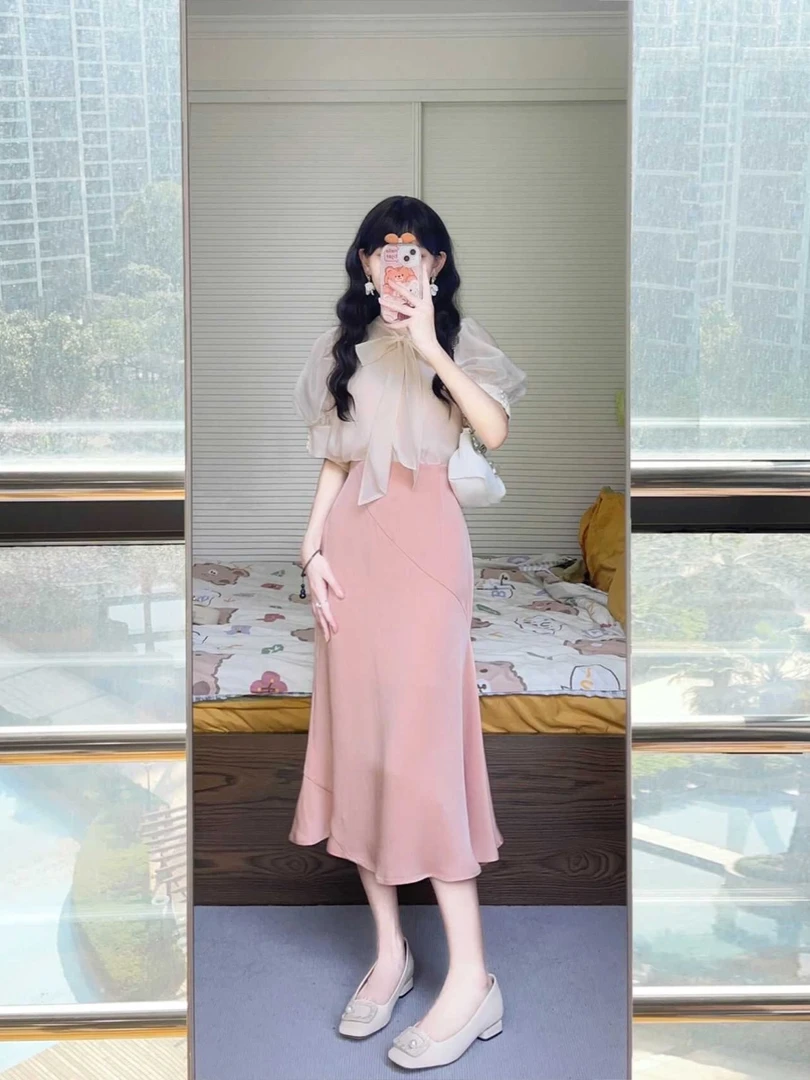 温柔风法式轻熟气质上衣包臀裙子套装女夏季雪纺系带短袖两件套装