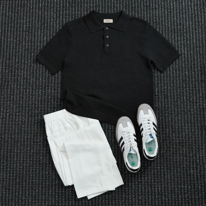 夏季新款横纹针织翻领polo衫男士夏季凉感通勤休闲百搭短袖T恤