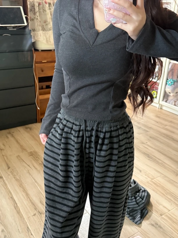 待更新RISSYSTUDIO慵懒风条纹拖地裤显腿长
