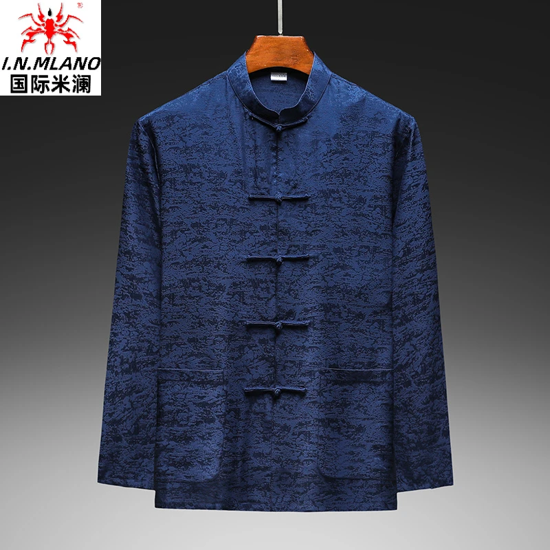 高端中年男士香云纱唐装套装中式真丝蚕丝男装爸爸爷爷中国风衬衫