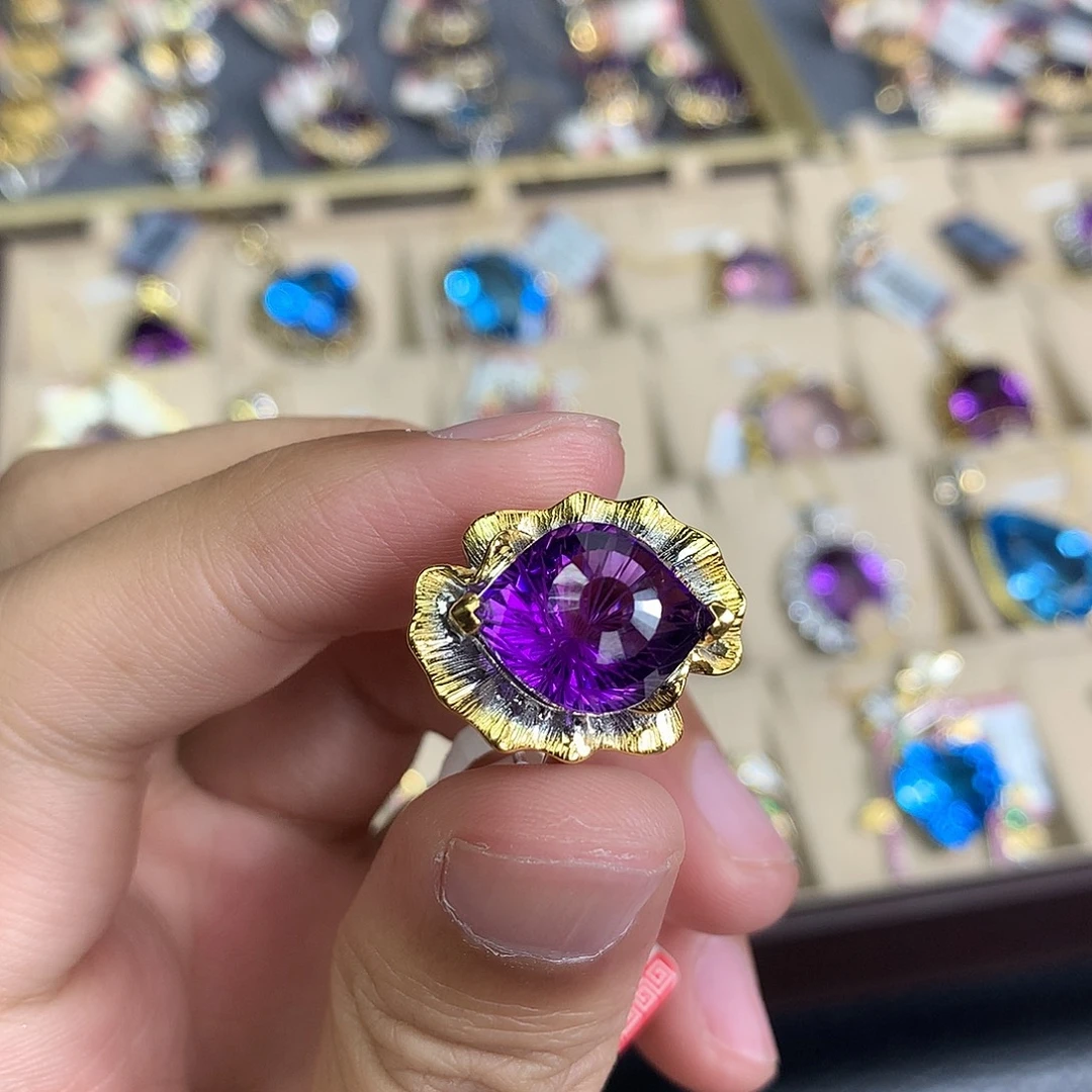 水晶戒指银S925镀金镶嵌