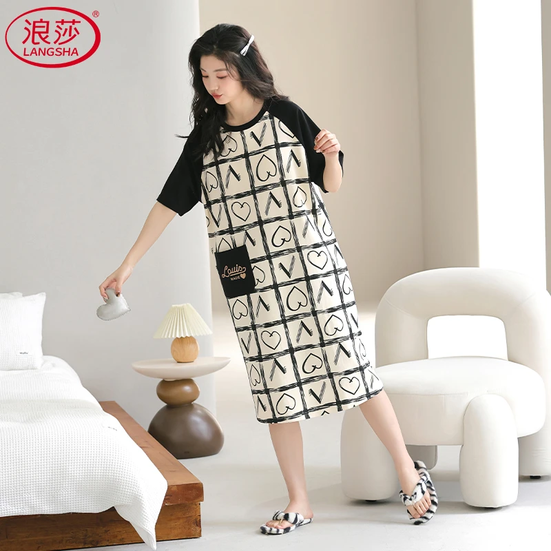 浪莎睡裙女夏季薄款纯棉2025新款睡衣休闲爱心中长款连衣裙家居服