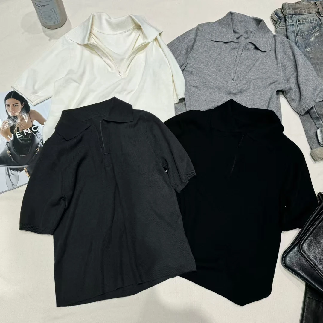 【古崎】半拉链POLO领打底衫女夏季显瘦短袖针织上衣#240328