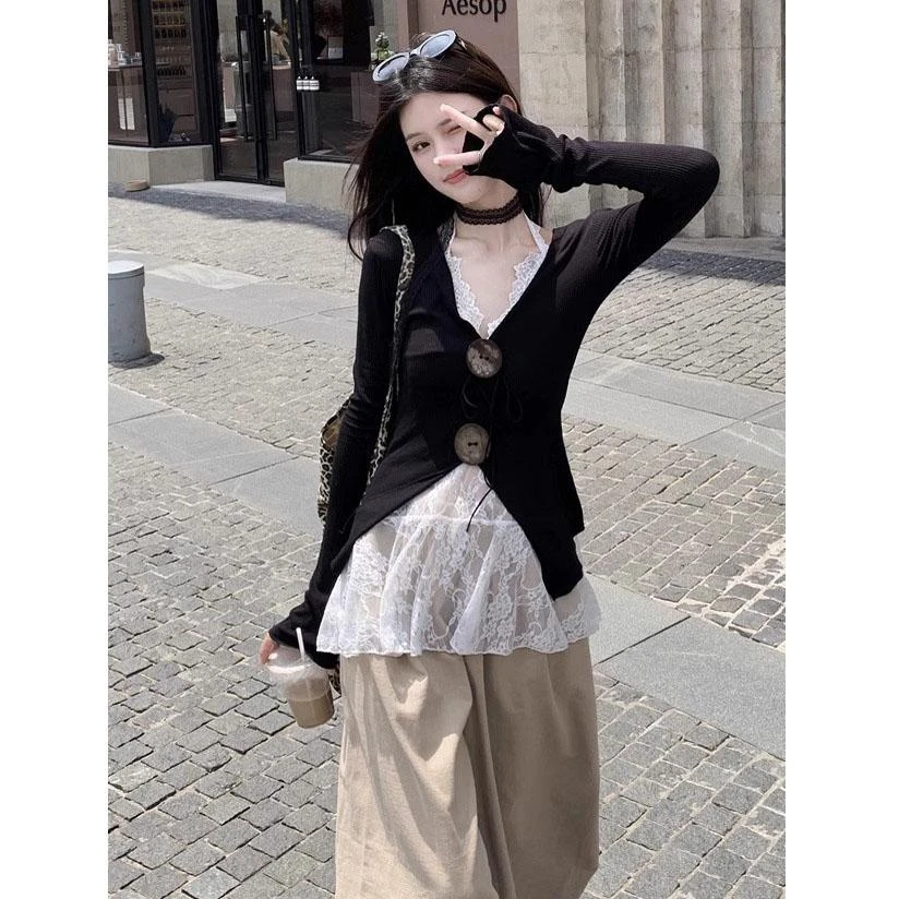 春季新款微胖上衣胖mm两件套V领长袖T恤女辣妹显瘦遮肉设计感满满