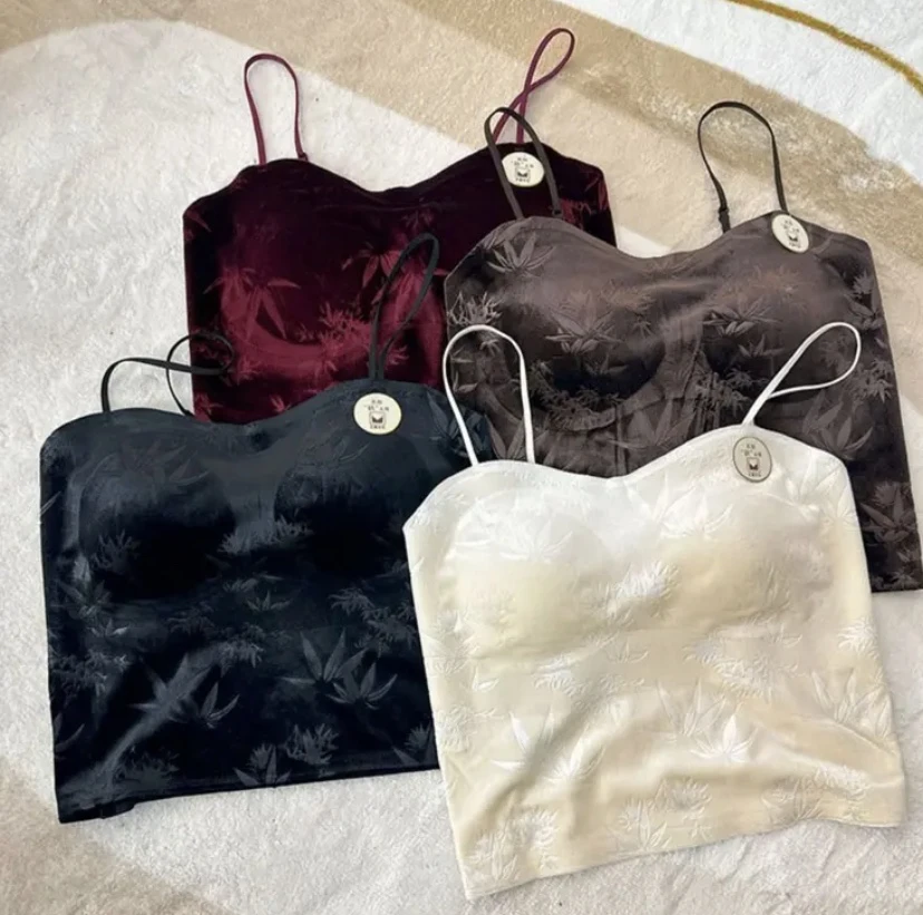 复古金丝绒竹影印花吊带美背设计带胸垫可调肩带打底背心