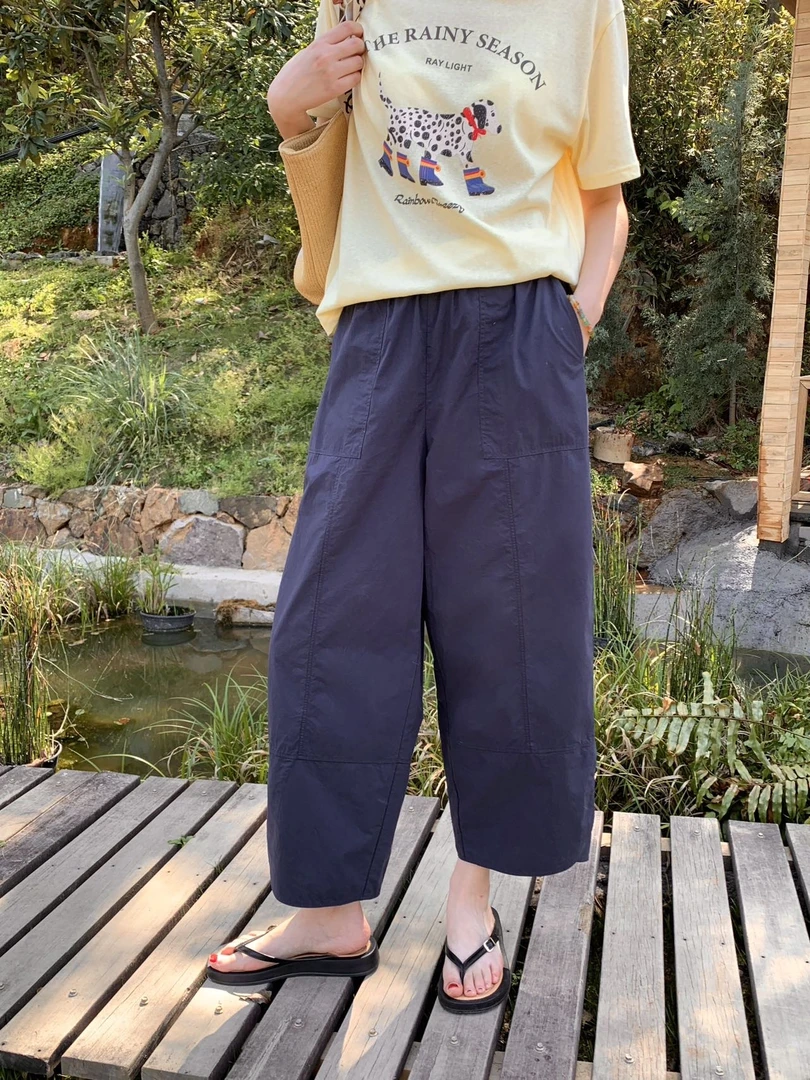 新款立体剪裁日系宽松水洗纯棉轻薄透气九分花苞裤3546