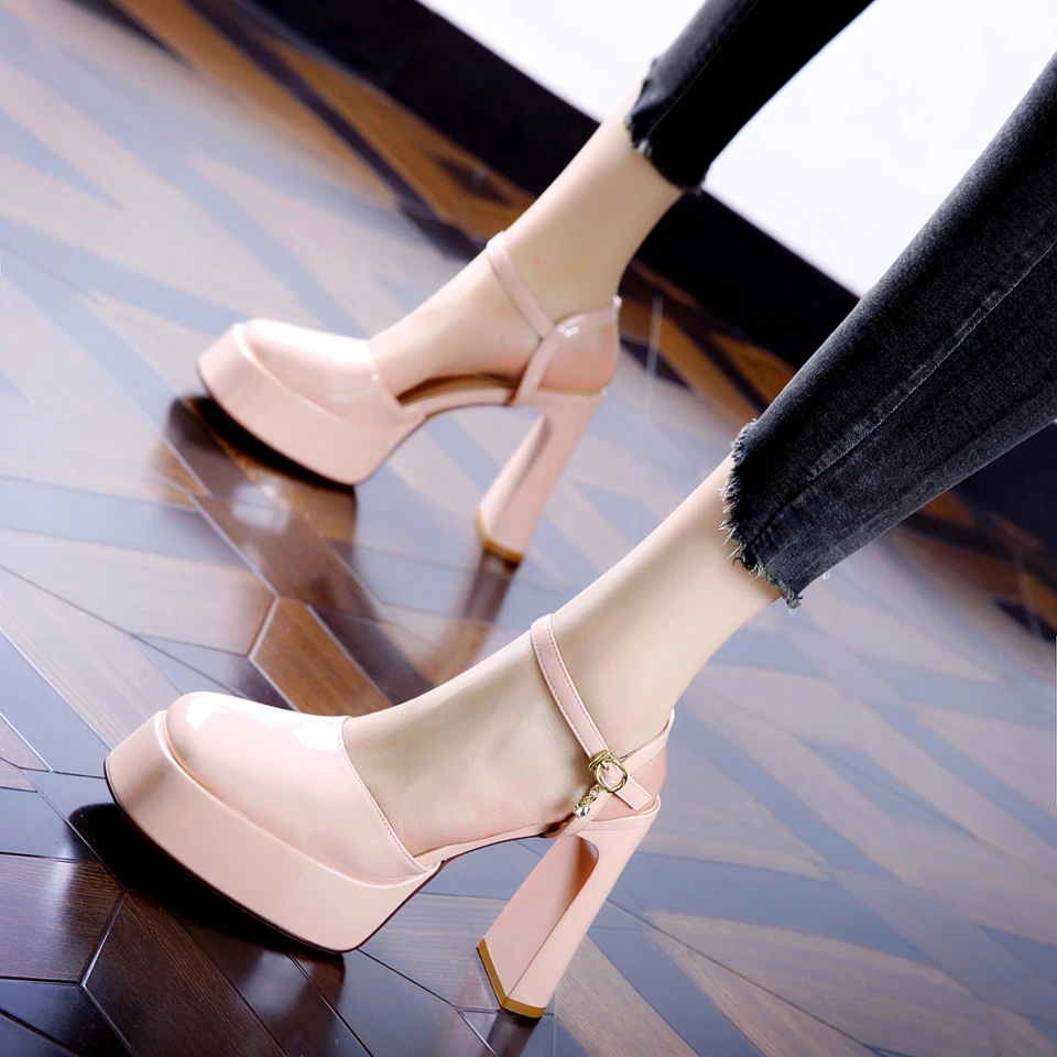 10CM[已开价]漆皮一字带粗跟凉鞋女2025夏季厚底超高跟鞋9191-50