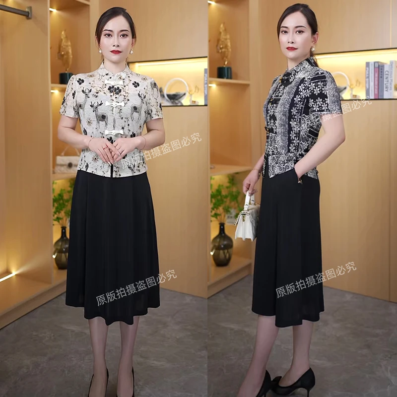 洋气妈妈气质复古中式短袖显瘦裙子中年女装夏季中长款口袋连衣裙