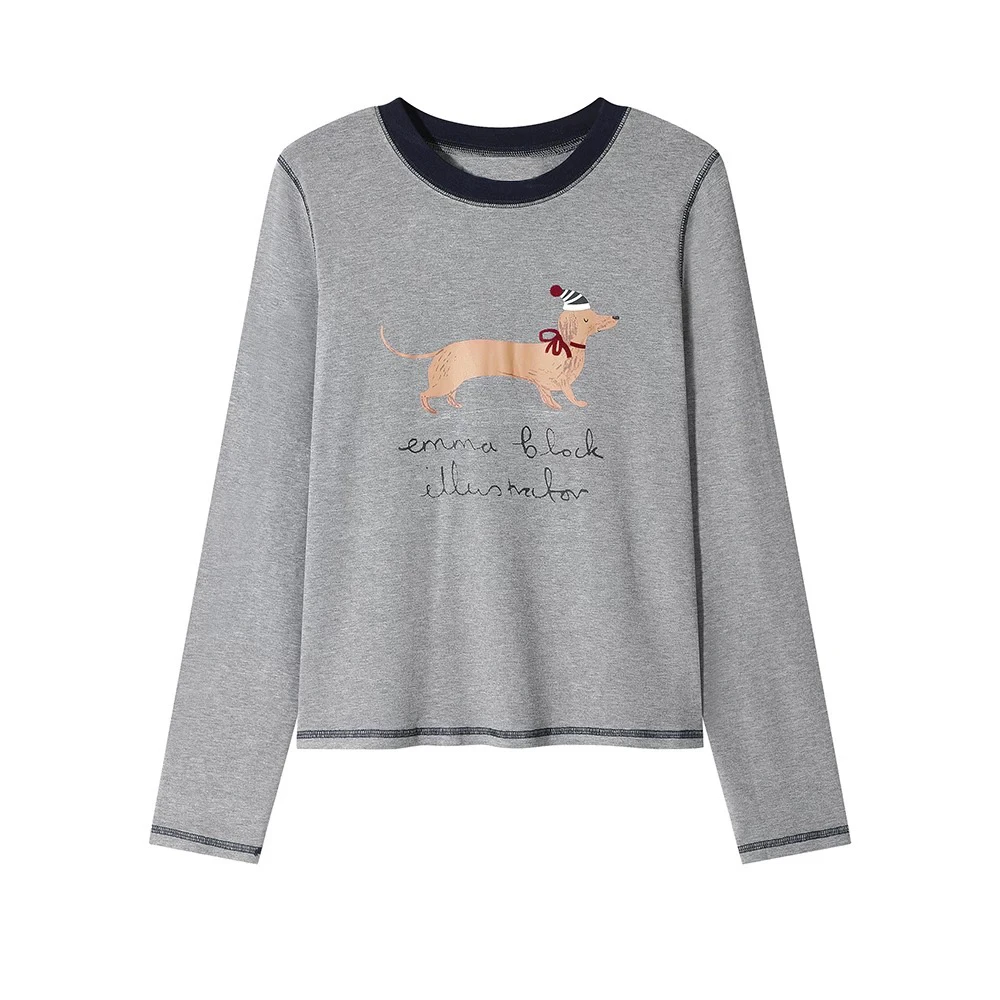 【现货清仓】2024秋冬腊肠狗正肩长袖T恤女韩系辣妹打底上衣