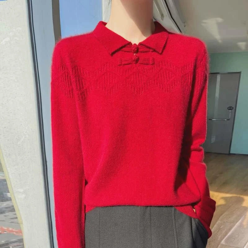 潮牌打底衫秋冬中式山羊绒衫女士翻领盘扣镂空宽松毛衣针织衫上衣