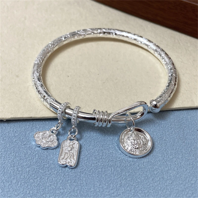 足银手镯 9999银吉言手镯年轻时尚简约开口实心推拉银镯子送女友