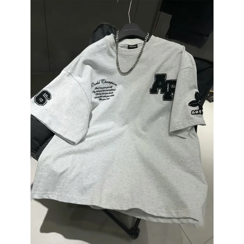 灰色字母刺绣短袖男夏季美式高街痞帅t恤宽松休闲情侣半袖上衣潮