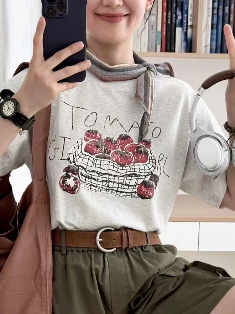 短袖女2025新款爆款夏季超好看独特漂亮上衣白灰色西红柿印花T恤