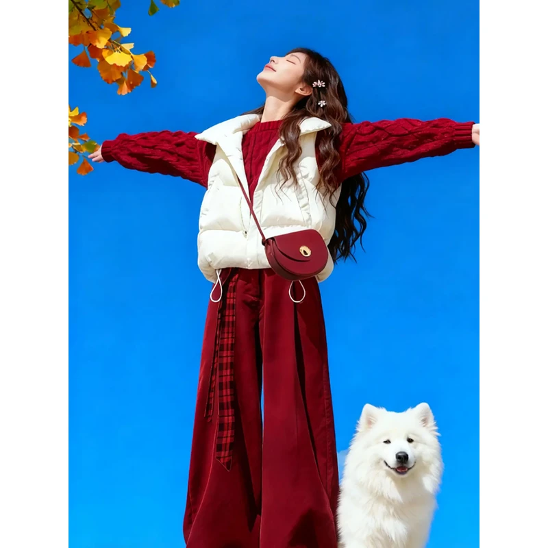 复古百搭时髦纯色显白套装2026冬季针织上衣阔腿裤马甲三件套女装