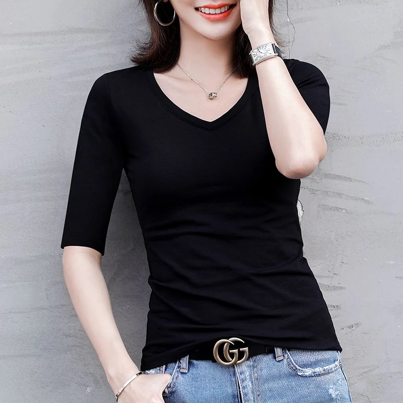 新款中袖t恤女修身显瘦百搭五分袖V领纯色打底衫内搭七分袖上衣潮