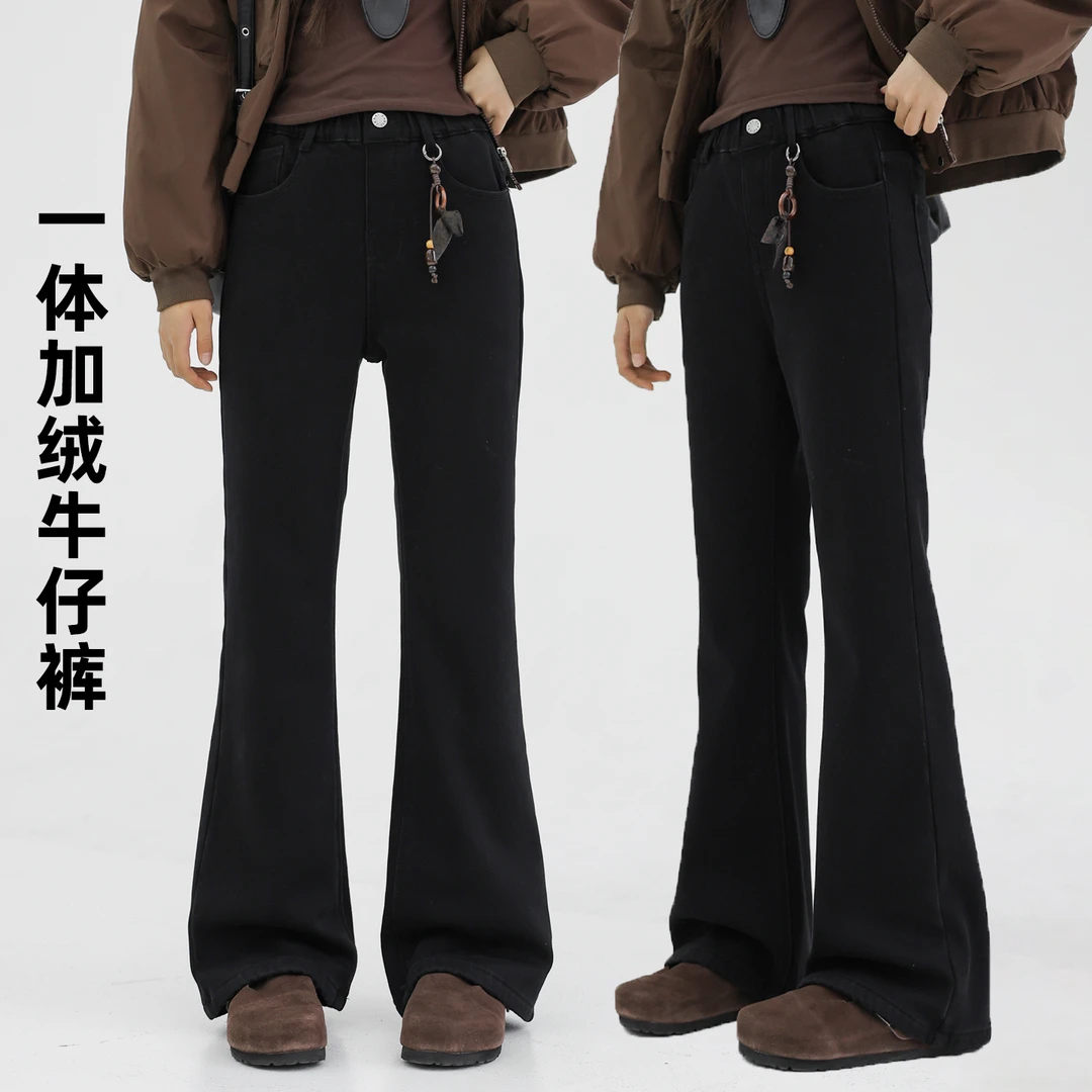 骄骄虎女童加绒牛仔裤微喇裤2025冬新款初中生洋气一体绒裤子7440