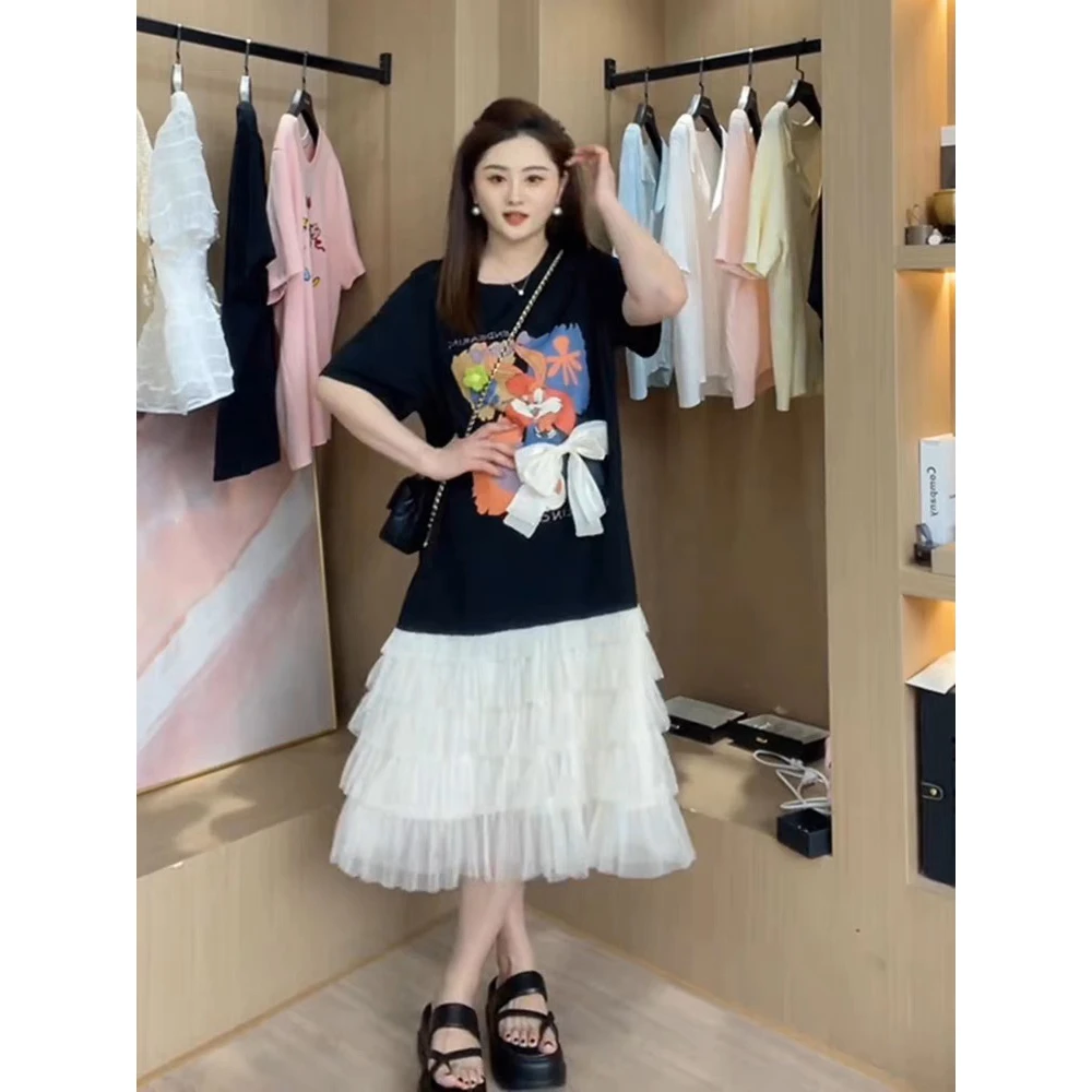 大码女装胖mm显瘦拼接假两件连衣裙夏装胖妹妹宽松遮肚裙子长款女