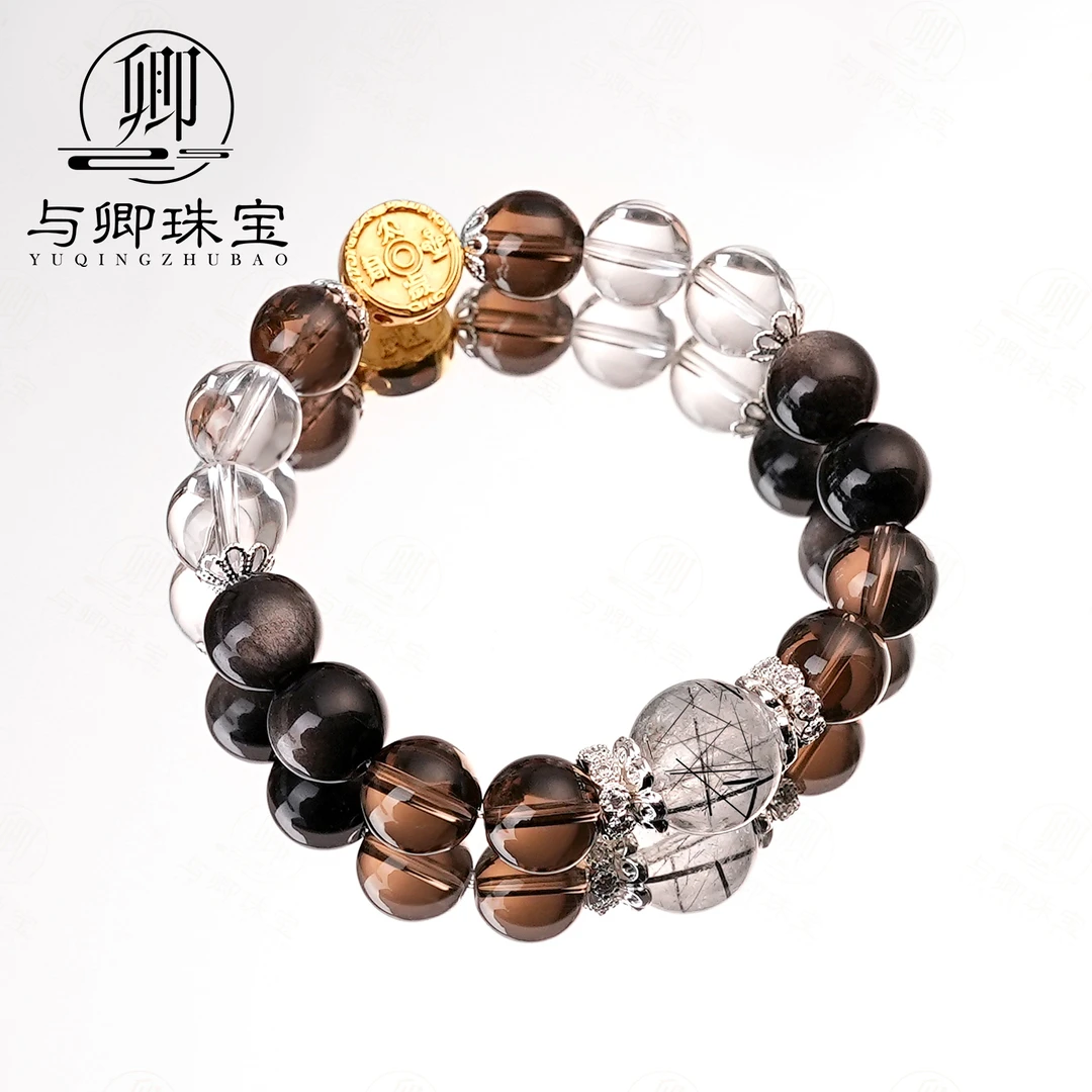 【无虞 】10mm茶晶➕10mm银耀石➕10mm白水晶➕13mm黑发晶