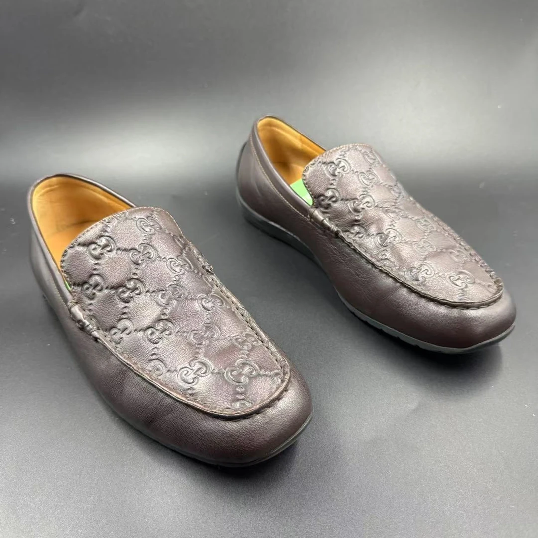 95新 GUCCI/古驰 【AO福利】39欧码 男士褐色休闲压花豆豆鞋yy043