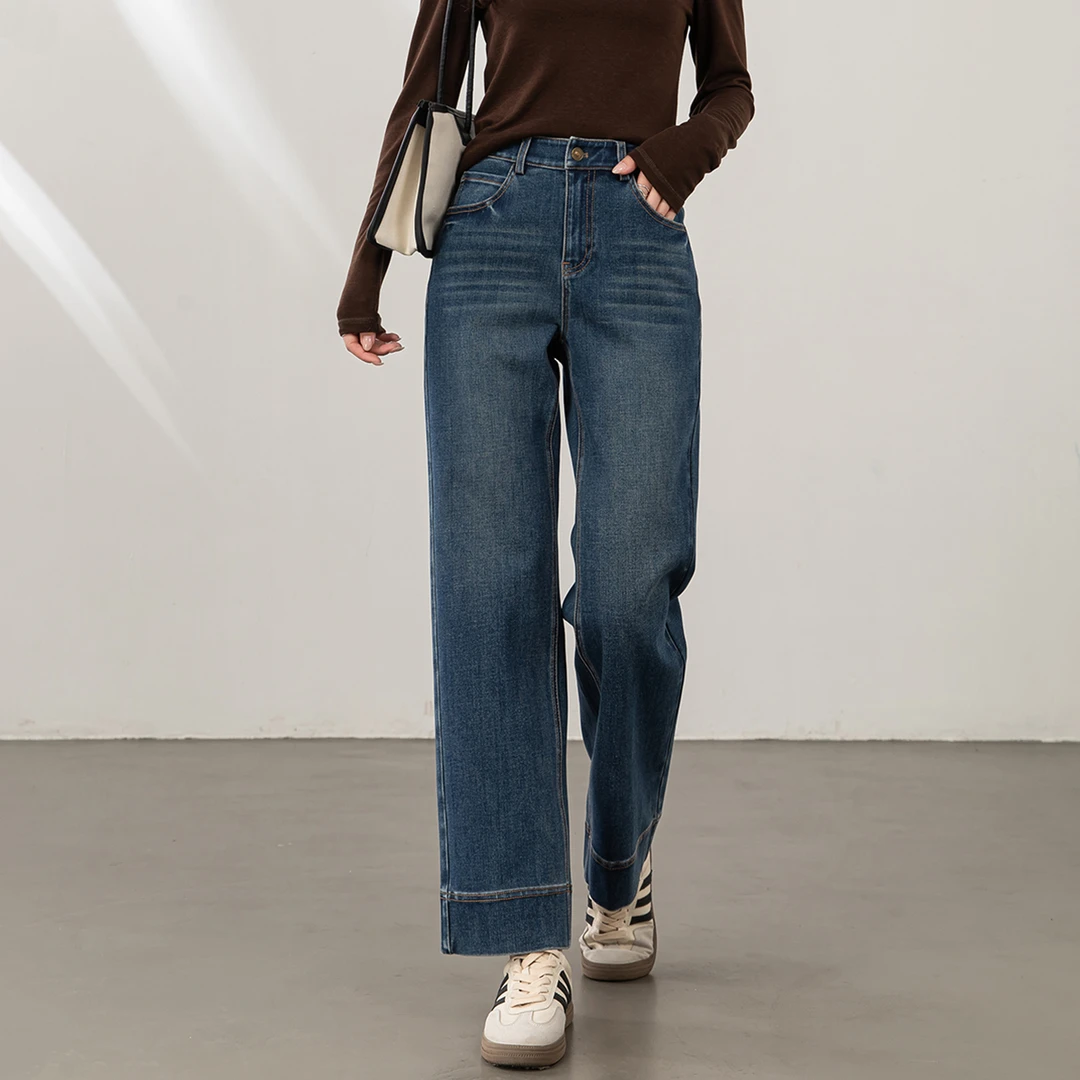 复古秋季九分牛仔裤西面弹百搭新款小个子高腰宽松直筒阔腿裤