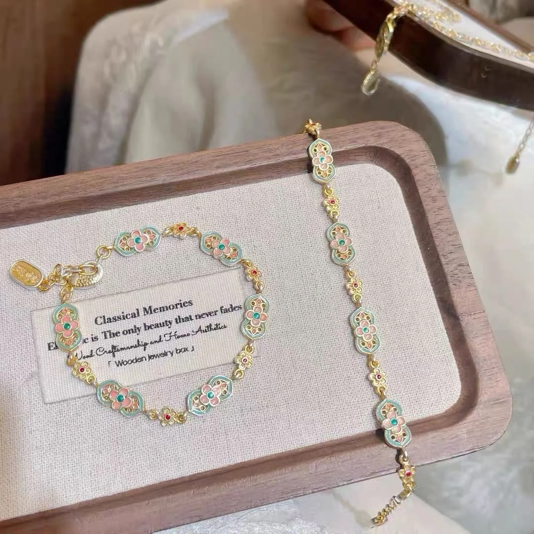 足银手链 花满筑花诗韵紫丁香足银实心珐琅彩手链宫廷复古