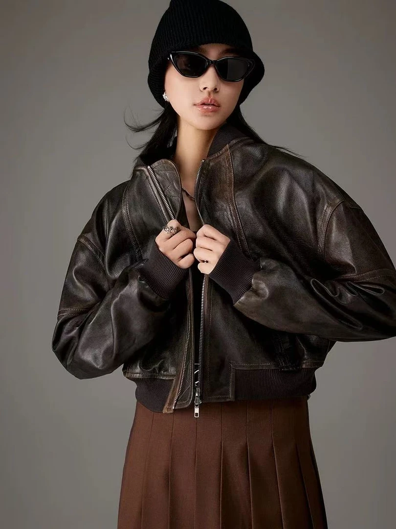 油蜡做旧擦色  时髦空军飞行皮夹克