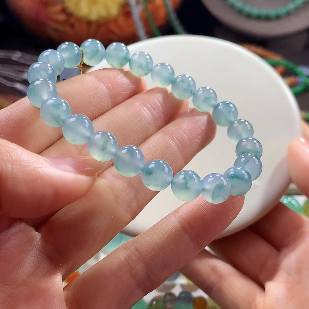 翡翠未镶嵌手链冰透纯净冰蓝飘花卡8.3