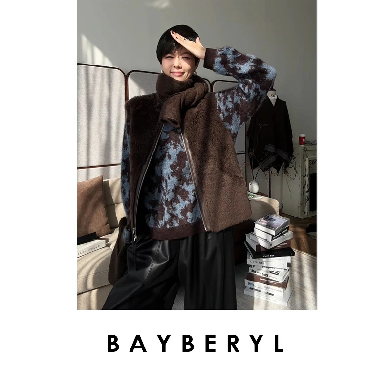 BAYBERYL老贝转角咖啡*拉贡直毛圆领25秋一体皮马甲PY5F3002-7/11