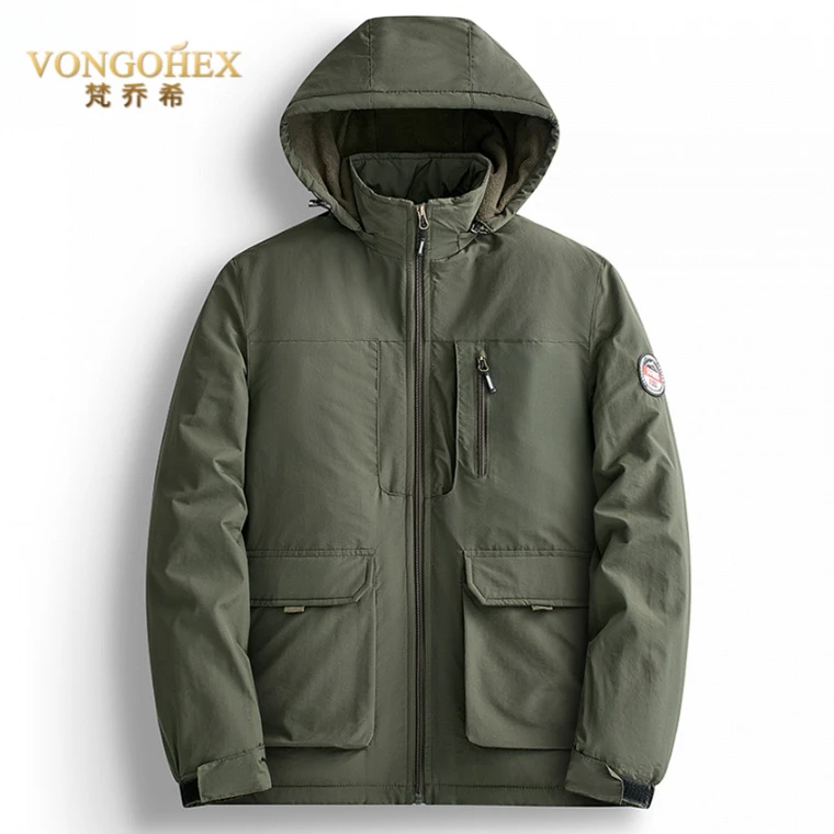 VONGOHEX加绒连帽休闲夹克男士冬季加厚防风保暖多口袋工装外套