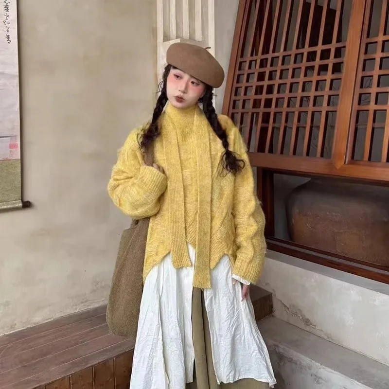 春秋搭配三件套装女不规则设计长袖衬衫叠穿针织毛衣阔腿裤子宽松