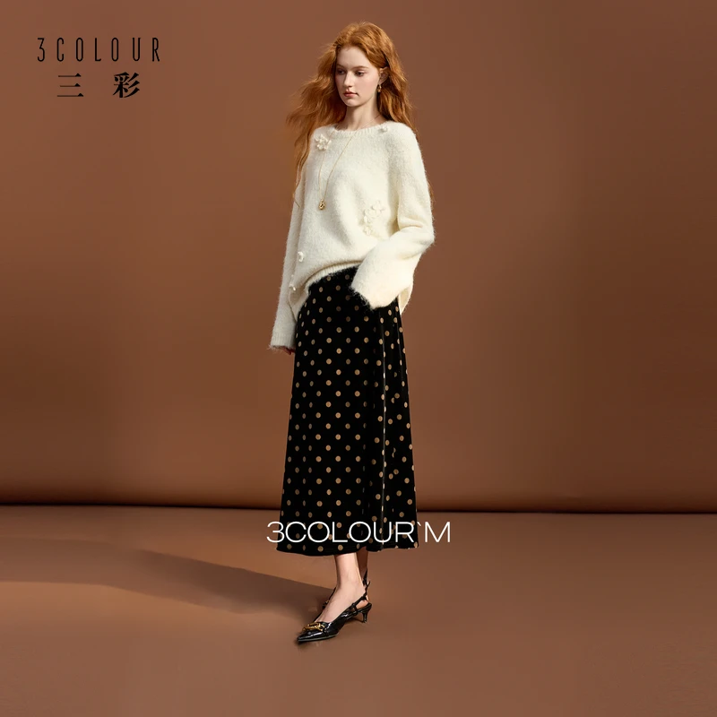 三彩2025冬季新款波点丝绒半身裙A字裙长裙复古显瘦气质优雅半裙M